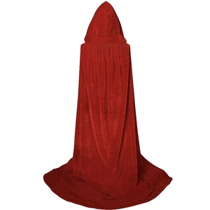 Rear view of a long red velvet hooded cloak with elegant drapes for Halloween cosplay