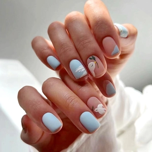 Matte Short Press On Nails Blue Nude Fake Nails Peace Dove Olive Branch Pattern Art For Women