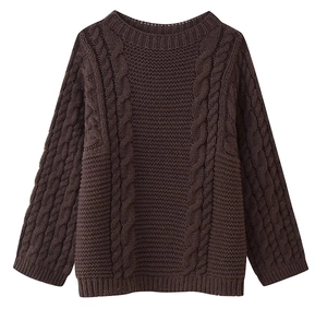Close-up of deep brown cable-knit patterns and honeycomb texture on oversized sweater