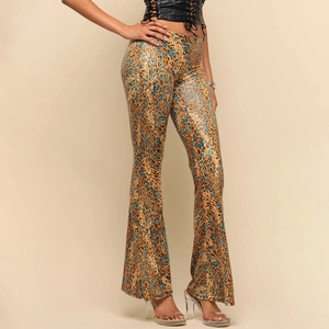 Slim fit leopard print flared trousers with high waist and blue accents for women