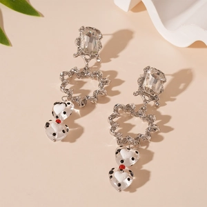Luxe geometric heart earrings with silver needle, crystals, and black polka dot beads