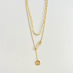 Layered Stainless Steel Necklace Safety Pin And Round Coin Pendant Hip Hop Streetwear Style Jewelry For Men Women