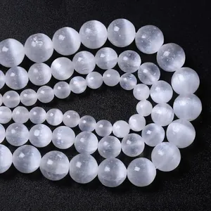 Polished white selenite cat-eye beads for DIY jewelry making in various sizes