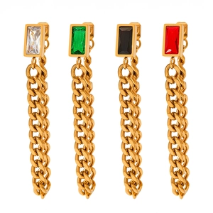 Vintage emerald square stud earrings with gold chain fringe tassels in stainless steel