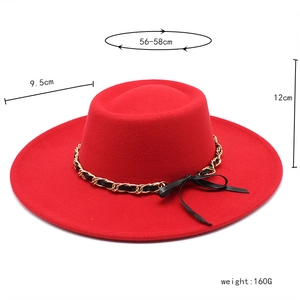 Detailed size guide for red wide brim wool fedora with gold chain and black ribbon bow