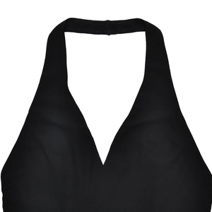 Detail view of black halter neckline and smooth fabric texture with elegant shoulder design