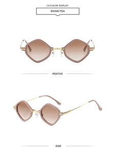 Detail view of khaki geometric diamond sunglasses with slim gold metal temples