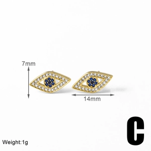 Detail view of gold evil eye stud earrings with blue and white crystals, size 14x7mm