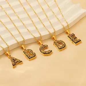 Initial Necklace Stainless Steel 18K Gold Plated Alphabet Pendant With Black Texture Retro Chic Fashion Jewelry For Women