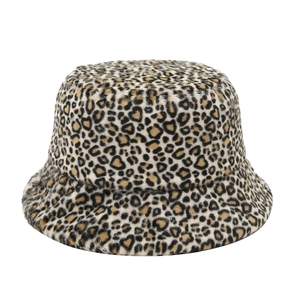 Stylish leopard print faux fur bucket hat for women, thick plush winter fisherman cap