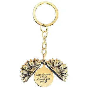 Detail of sunflower keychain with paw print engraving and sentimental message