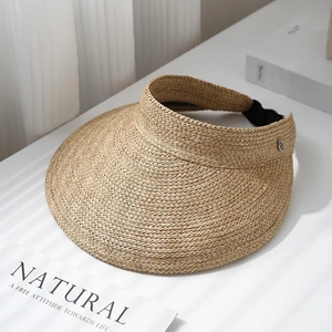 Chic beige straw open top sun hat with large brim and elastic band for summer travel