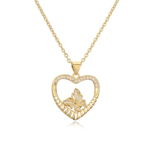 Gold heart butterfly necklace with micro-paved zircons on a white background