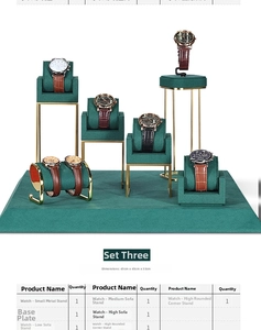 Detail view of dark green velvet watch display set with gold metal trim and dimensions