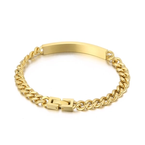 Polished gold curb chain bracelet with rectangular ID plate and secure folding clasp