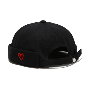 Black docker cap with red heart embroidery and adjustable metal buckle strap
