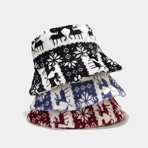 Winter Warm Plush Bucket Hat Reindeer Snowflake Pattern Nordic Style Faux Fur Fisherman Hat For Women Christmas
