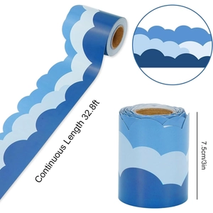 Blue cloud wave border stickers for bulletin boards, 32.8ft continuous length roll