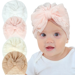Baby Girl Lace Turban Hat Large Bow Soft Breathable Polyester Mesh Beanie For Newborn Toddler Infancy Headwear Photography Props
