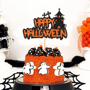 Glittery Happy Halloween cake topper featuring a castle and cross for party dessert
