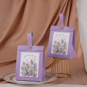 European lavender floral wedding candy box with leather handle and golden buckle