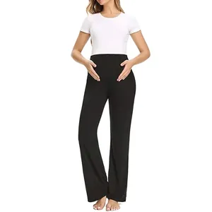 High Waist Maternity Pants Over The Belly Rayon Blend Elastic Wide Leg Abdominal Support Casual Loungewear Women
