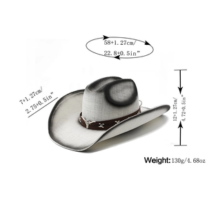 Detail view of retro western cowboy hat with sizing specifications and silver bull head icon