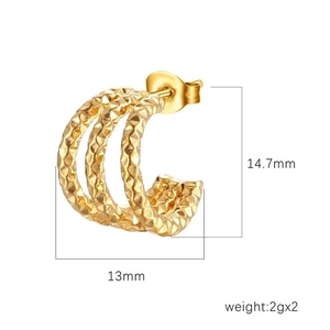 Triple-layered 18K gold-plated stainless steel earrings with textured finish and dimensions