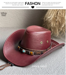 Detailed top view of a wine red cowboy hat featuring woven band with turquoise beads