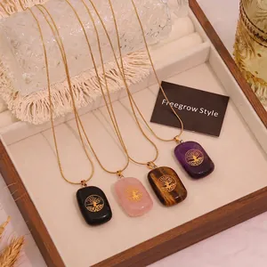 Tree Of Life Pendant Necklace Natural Stone Stainless Steel Long Sweater Chain Rectangular Gemstone Jewelry For Women