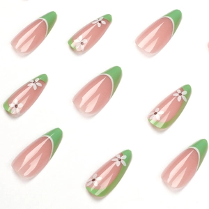 French green flower press-on nails in long stiletto shape with elegant floral design