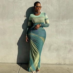 Women Long Sleeve Bodycon Maxi Dress Polyester Spandex Ruched Side Tie Dye Gradient Round Neck Slim Fit Casual