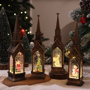 Detail of four retro church-style Christmas lanterns with LED lights and swirling glitter