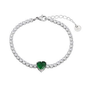 Silver stainless steel tennis bracelet with a large green heart-shaped zircon centerpiece