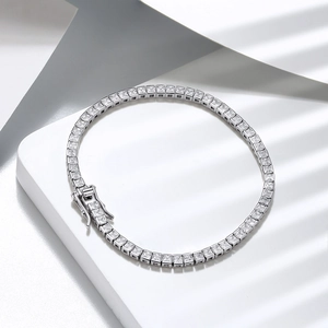 Classic silver S925 tennis bracelet featuring square cubic zirconia on white background