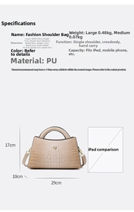 Detailed size specifications for crocodile pattern handbag 3-piece set showing dimensions