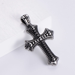 Gothic punk style stainless steel cross pendant with vintage relief carving and beads