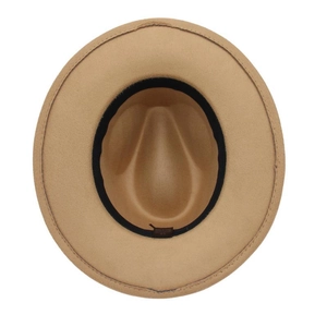 Internal view of khaki felt fedora featuring the black sweatband and size label detail