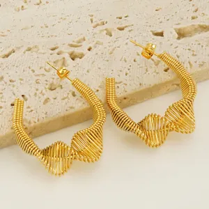 Spiral Texture Hoop Earrings Stainless Steel 18K Gold Plated C-Shaped Irregular Geometric Jewelry For Women