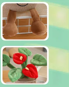 Macro shot of plush Anthurium plant toy showing red petals and embroidered leaf details