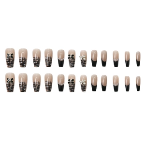 Lot de 24 faux ongles avec motif tweed noir, pointes françaises et nœuds 3D décoratifs