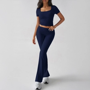 Women's Y2K dark blue two-piece set with crop top and high waisted flare pants