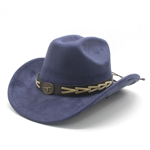 Detail of dark blue faux suede cowboy hat with vintage leather band and bull head emblem