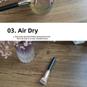 Detail of soft synthetic fiber foundation brush bristles drying on a wooden surface