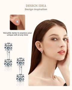 Detail of s925 silver dual-wear earrings with round moissanite stones on a model