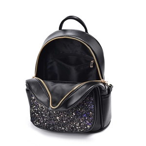 Cute black PU leather backpack with colorful sequins and a large interior compartment