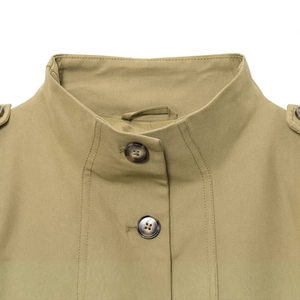 Women's khaki jacket featuring a stand collar and textured buttons on twill fabric