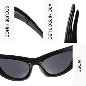 Detail view of Y2K sunglasses showing secure hinges, arc mirror legs and comfortable nose pads