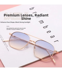 Detailed view of polygon gold metal sunglasses with blue-to-yellow gradient lenses