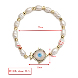 Detailed size specifications for a baroque pearl bracelet with an evil eye fish charm